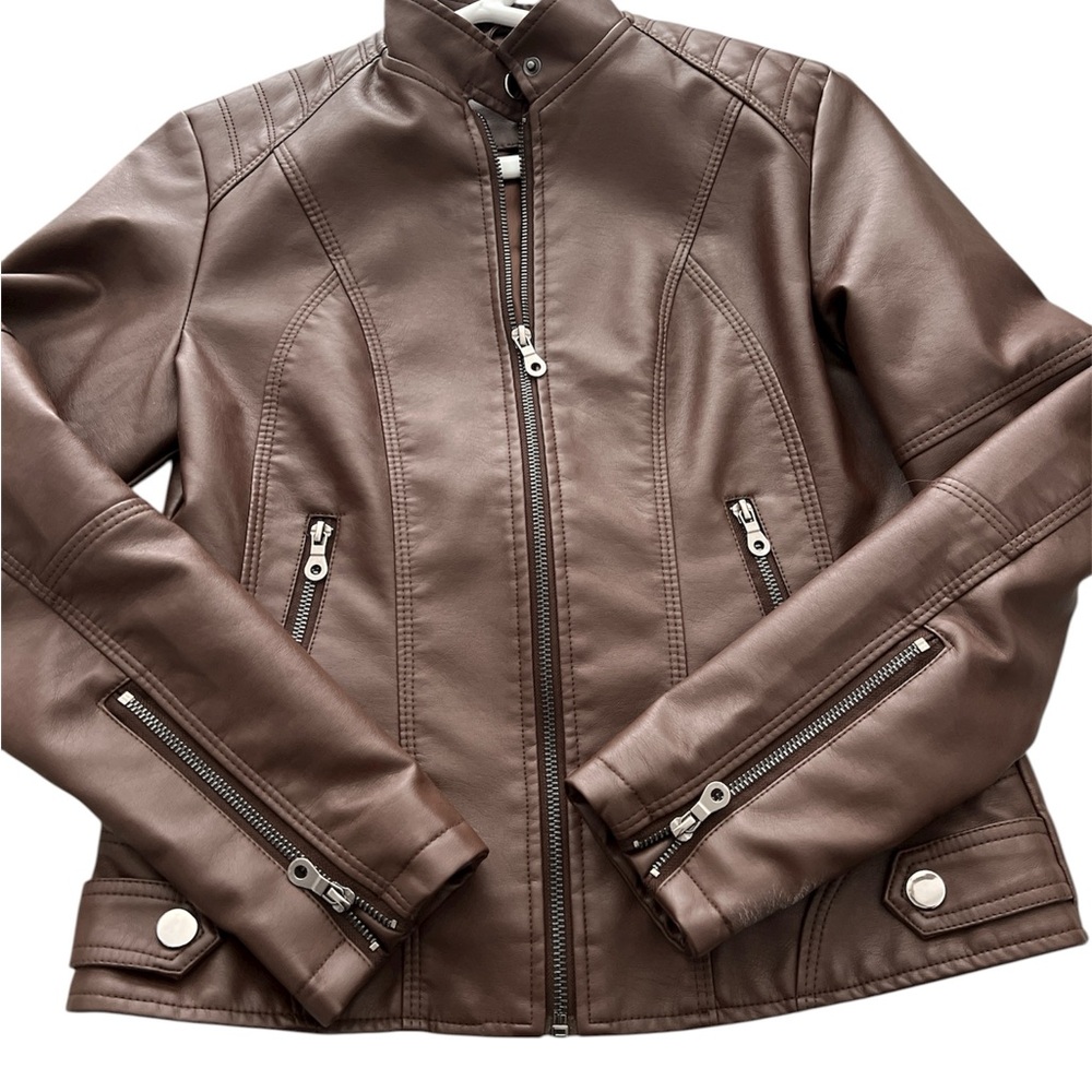 Brown Faux Leather Moto Jacket EUC